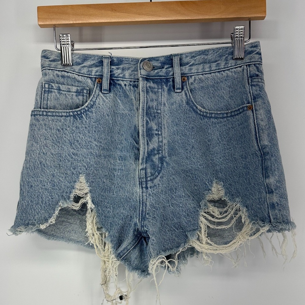 PacSun Denim Shorts Womens 26 Blue Distressed High Waisted Frayed Raw Button Fly